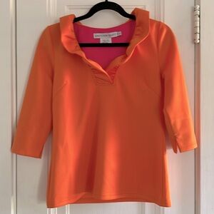 Gretchen Scott Ruffle Neck Orange Top Stretch